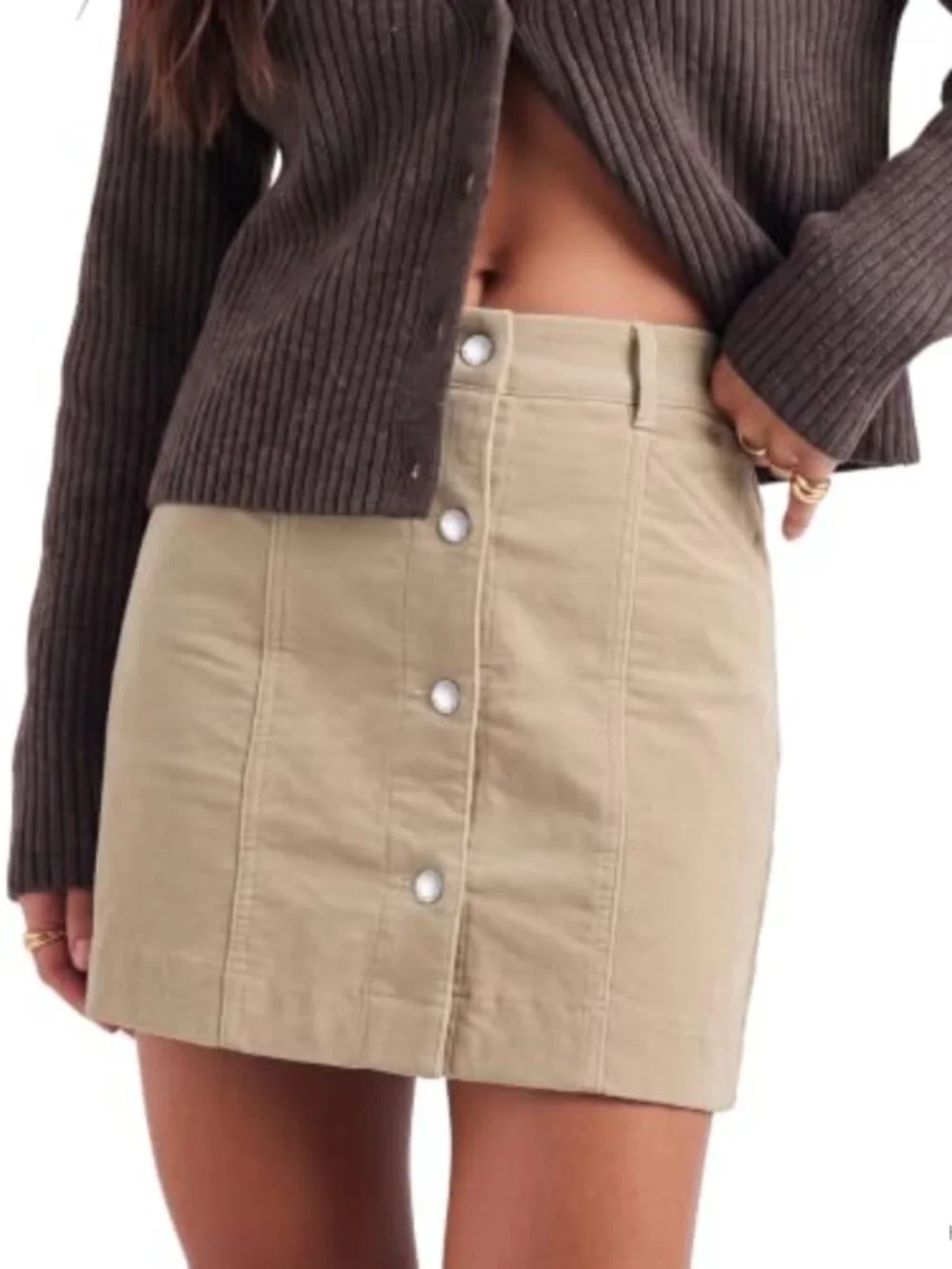 Women's Corduroy Skirt High Rise Mini A-Line Stretchy Button Fly Pockets
